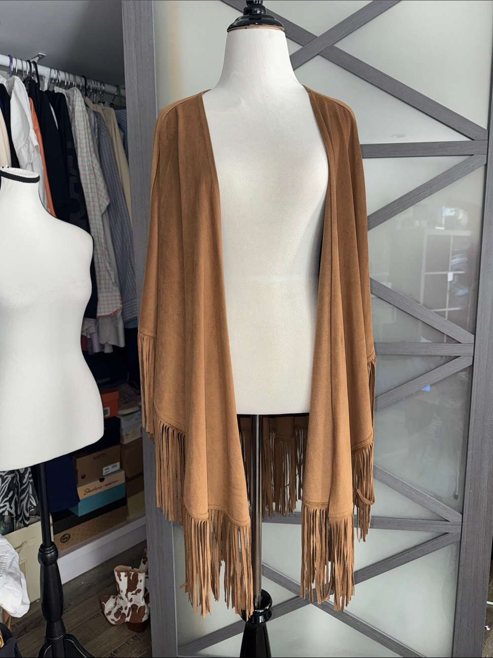 White House Black Market Faux Suede Fringe Ruana Wrap Camel One Size